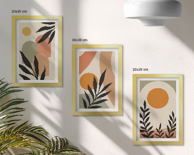 Conjunto de 3 quadros decorativos Formas abstratas e motivos vegetais em cores quentes.