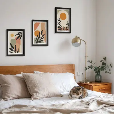 Conjunto de 3 quadros decorativos com formas abstratas e motivos vegetais em cores quentes