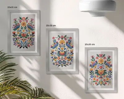 Conjunto de 3 quadros decorativos com padrões florais em cores intensas sobre fundo branco