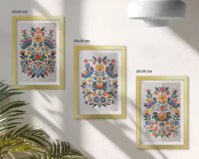 Conjunto de 3 quadros decorativos com padrões florais em cores intensas sobre fundo branco