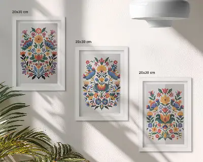 Conjunto de 3 quadros decorativos com padrões florais em cores intensas sobre fundo branco