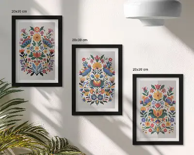 Conjunto de 3 quadros decorativos com padrões florais em cores intensas sobre fundo branco