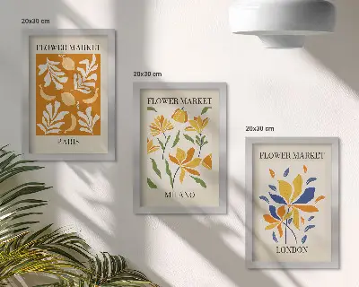 Tríptico com moldura de cartazes florais com estética de Paris, Milão e Londres