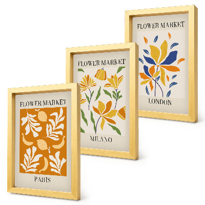 Tríptico com moldura Cartazes florais Paris Milão Londres