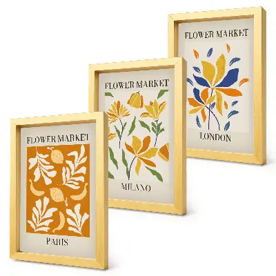 Tríptico com moldura de cartazes florais com estética de Paris, Milão e Londres
