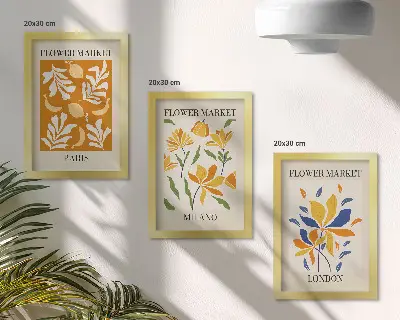 Tríptico com moldura de cartazes florais com estética de Paris, Milão e Londres