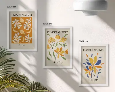 Tríptico com moldura de cartazes florais com estética de Paris, Milão e Londres
