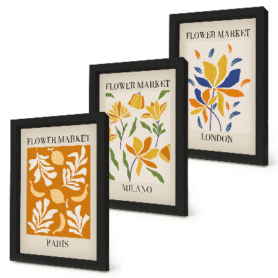 Tríptico com moldura Cartazes florais Paris Milão Londres