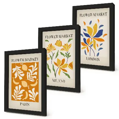 Tríptico com moldura de cartazes florais com estética de Paris, Milão e Londres