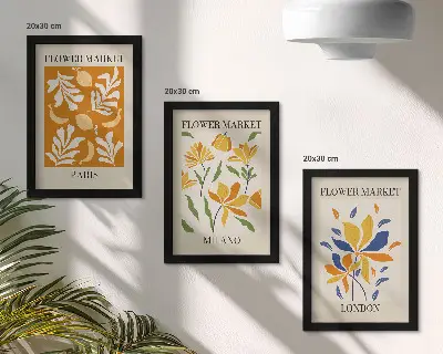 Tríptico com moldura de cartazes florais com estética de Paris, Milão e Londres