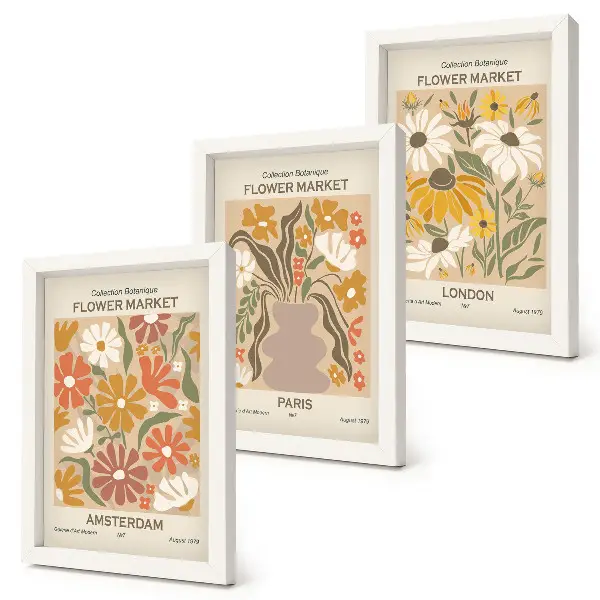 Conjunto de 3 quadros decorativos com estampas florais de Amsterdã, Paris e Londres