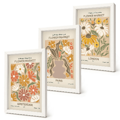 Conjunto de 3 quadros decorativos Estampas florais de Amsterdã, Paris e Londres