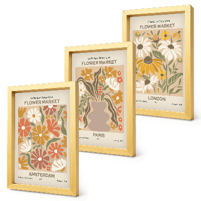 Conjunto de 3 quadros decorativos Estampas florais de Amsterdã, Paris e Londres