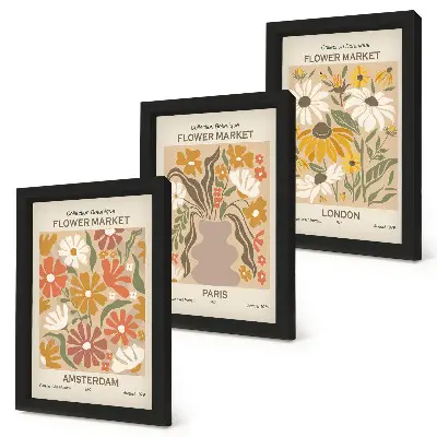 Conjunto de 3 quadros decorativos com estampas florais de Amsterdã, Paris e Londres
