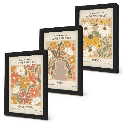 Conjunto de 3 quadros decorativos Estampas florais de Amsterdã, Paris e Londres