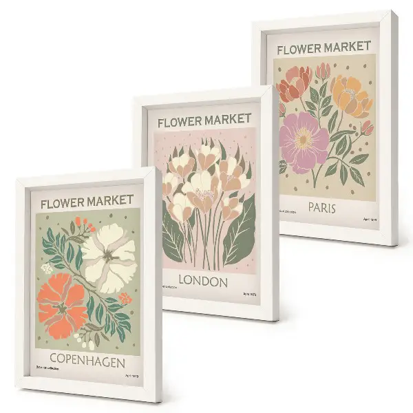 Cartazes florais Copenhague Londres Paris tríptico com moldura