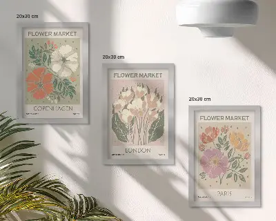 Cartazes florais Copenhague Londres Paris tríptico com moldura
