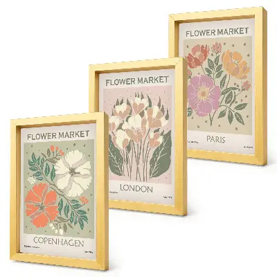 Cartazes florais Copenhague Londres Paris tríptico com moldura
