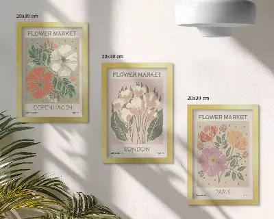 Cartazes florais Copenhague Londres Paris tríptico com moldura