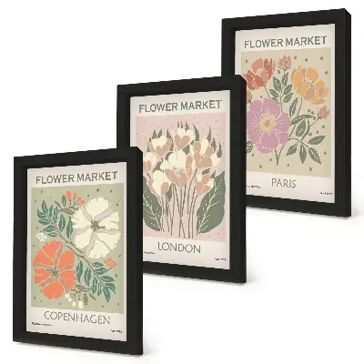 Cartazes florais Copenhague Londres Paris tríptico com moldura
