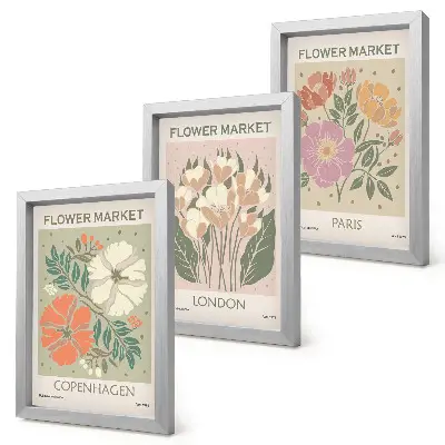 Cartazes florais Copenhague Londres Paris tríptico com moldura