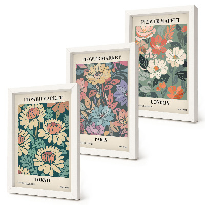 Conjunto de 3 quadros decorativos Pôsteres de flores Tóquio Paris Londres