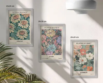 Conjunto de 3 quadros decorativos com pôsteres de flores de Tóquio, Paris e Londres