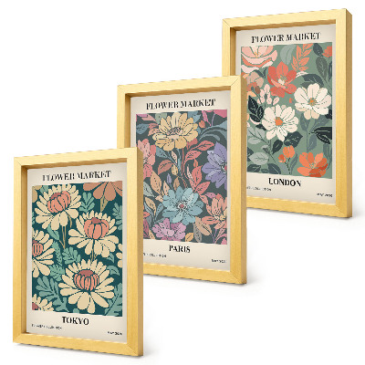 Conjunto de 3 quadros decorativos Pôsteres de flores Tóquio Paris Londres
