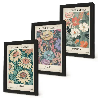 Conjunto de 3 quadros decorativos com pôsteres de flores de Tóquio, Paris e Londres