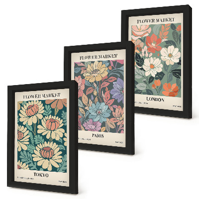 Conjunto de 3 quadros decorativos Pôsteres de flores Tóquio Paris Londres