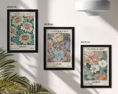 Conjunto de 3 quadros decorativos com pôsteres de flores de Tóquio, Paris e Londres