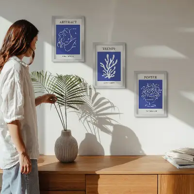 Conjunto de 3 quadros decorativos pôsteres azuis inspirados em Henri Matisse