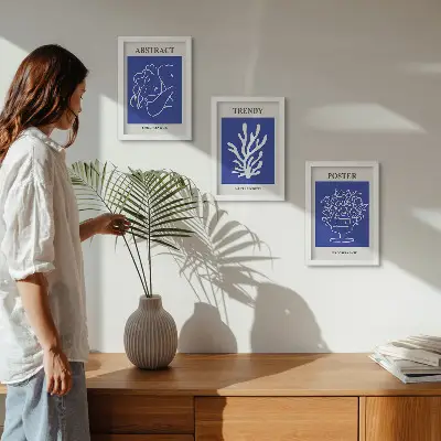 Conjunto de 3 quadros decorativos pôsteres azuis inspirados em Henri Matisse
