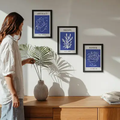 Conjunto de 3 quadros decorativos pôsteres azuis inspirados em Henri Matisse