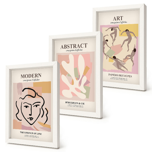 Tríptico com moldura Retratos elegantes e formas abstratas em tons pastel.