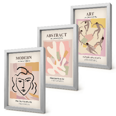 Tríptico com moldura Retratos elegantes e formas abstratas em tons pastel.