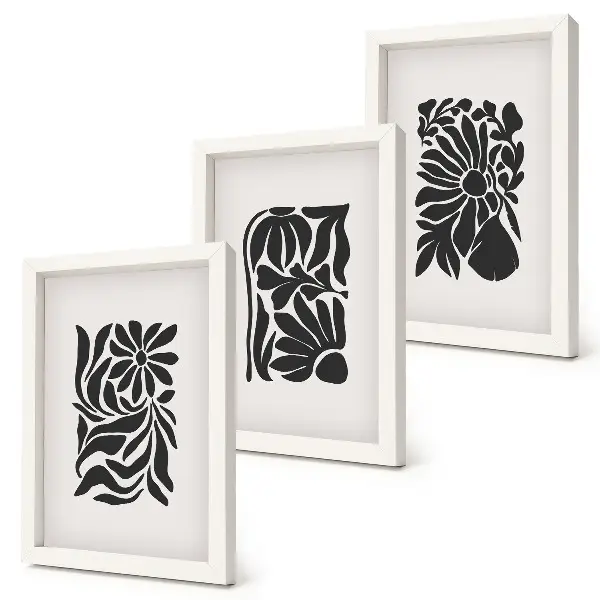 Conjunto de 3 quadros decorativos com padrões abstratos de plantas em tons de preto