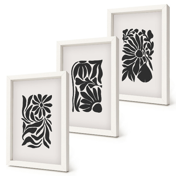 Conjunto de 3 quadros decorativos Padrões abstratos de plantas em tons de preto.