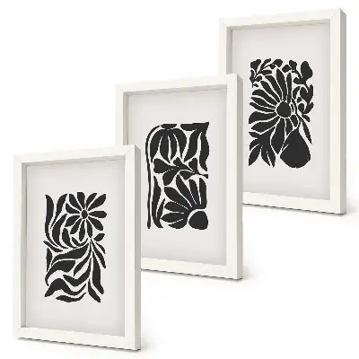 Conjunto de 3 quadros decorativos com padrões abstratos de plantas em tons de preto