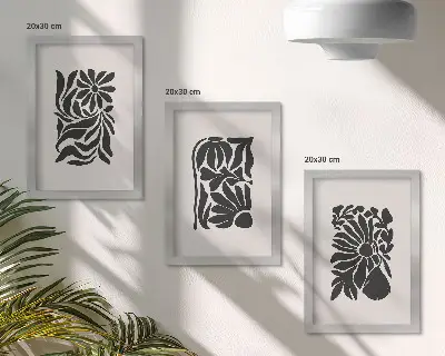 Conjunto de 3 quadros decorativos com padrões abstratos de plantas em tons de preto