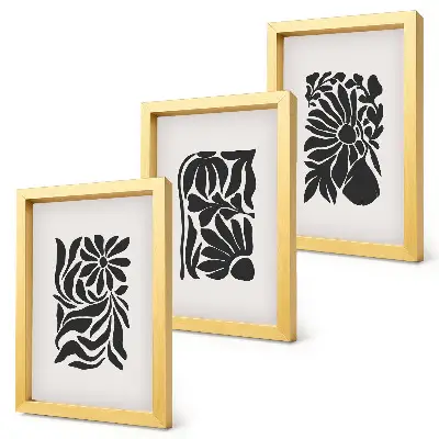 Conjunto de 3 quadros decorativos com padrões abstratos de plantas em tons de preto