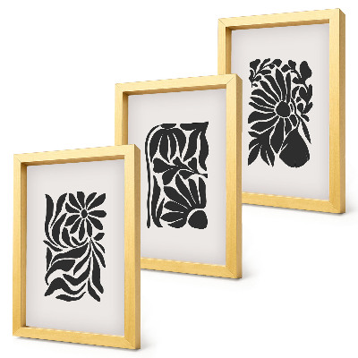 Conjunto de 3 quadros decorativos Padrões abstratos de plantas em tons de preto.
