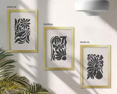 Conjunto de 3 quadros decorativos com padrões abstratos de plantas em tons de preto