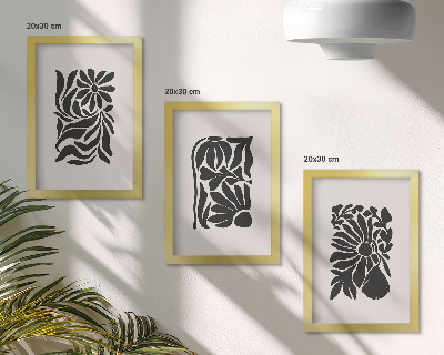 Conjunto de 3 quadros decorativos Padrões abstratos de plantas em tons de preto.