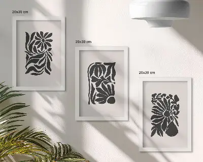 Conjunto de 3 quadros decorativos com padrões abstratos de plantas em tons de preto