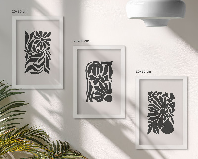 Conjunto de 3 quadros decorativos Padrões abstratos de plantas em tons de preto.