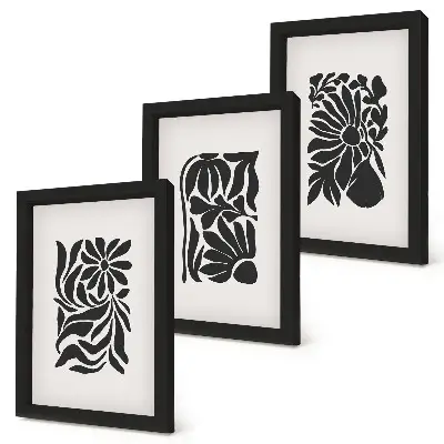 Conjunto de 3 quadros decorativos com padrões abstratos de plantas em tons de preto