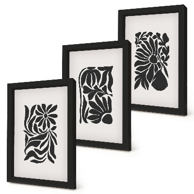 Conjunto de 3 quadros decorativos Padrões abstratos de plantas em tons de preto.