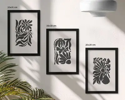 Conjunto de 3 quadros decorativos com padrões abstratos de plantas em tons de preto