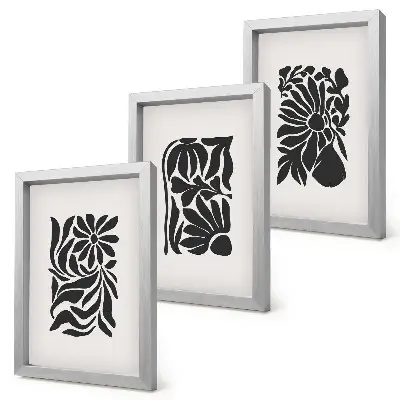 Conjunto de 3 quadros decorativos com padrões abstratos de plantas em tons de preto